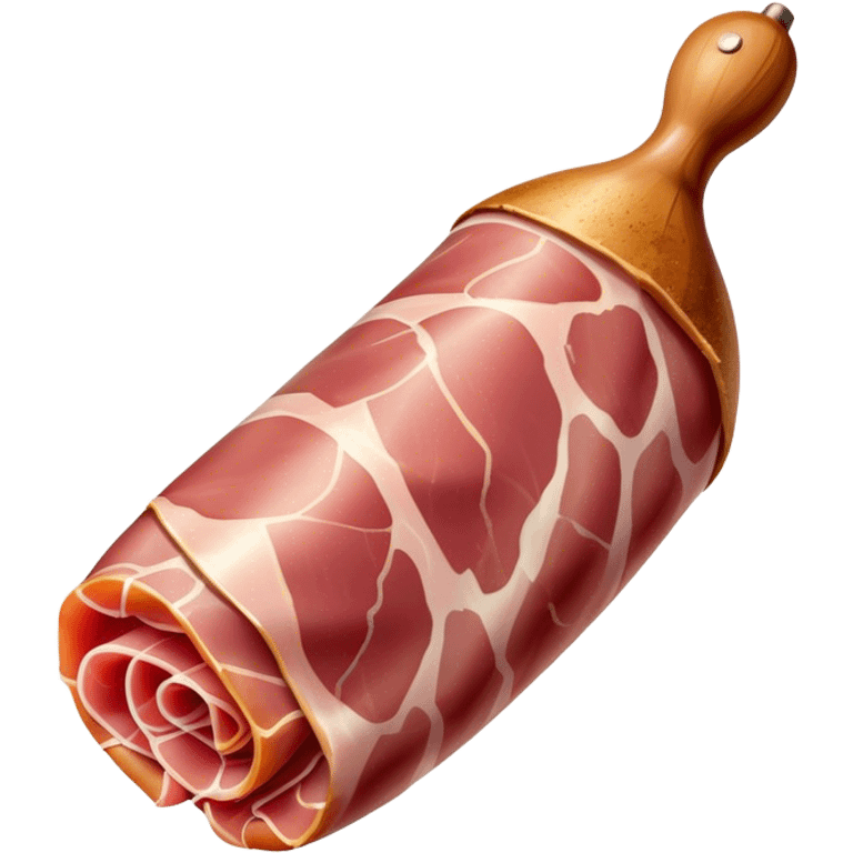 Jamón Serrano Cinematic Realistic Jamón Serrano Dish Emoji, depicted as a prominent leg of cured ham with visible marbling, rendered with rich textures and dynamic, appetizing lighting. emoji