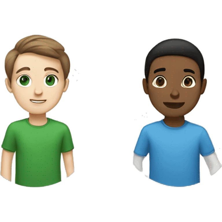 Two best friends. One is a boy with brown hair, white skin, and green eyes wearing a blue shirt. The other is a girl with long black hair, brown eyes, and white skin wearing a green shirt. emoji