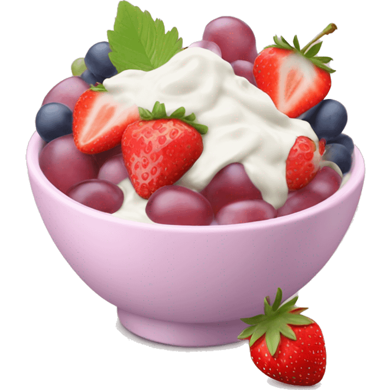 Light pink fruit yogurt bowl with strawberries and grapes emoji