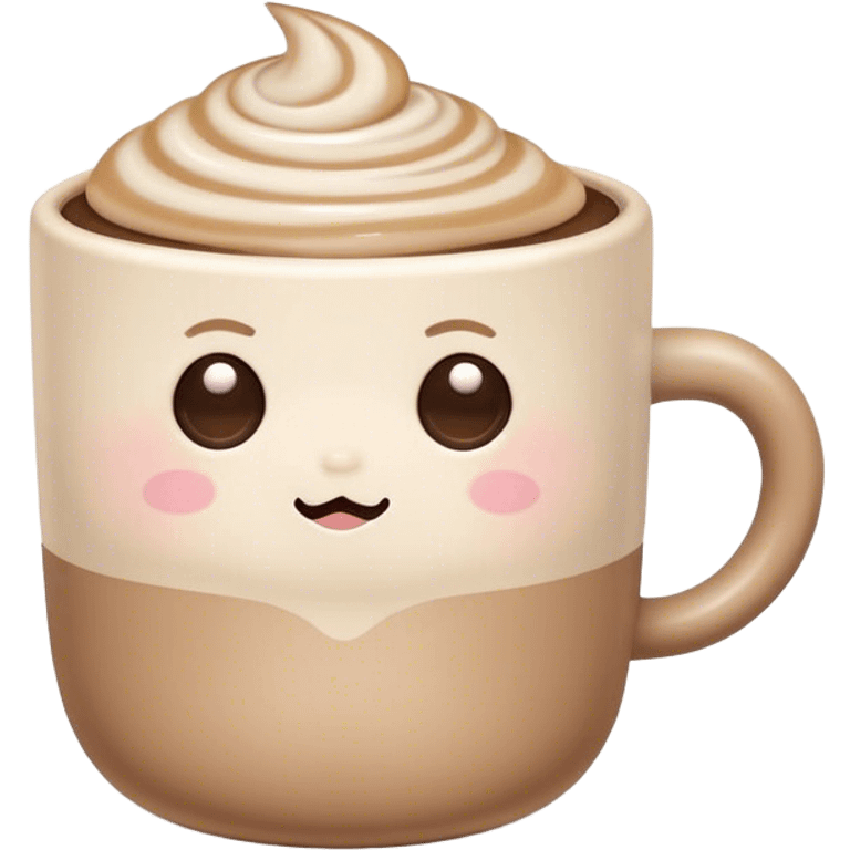 Cute Kawaii Coffee Cup, cozy and warm, a tiny swirl of steam shaped like a heart, round chubby face with a sleepy but content expression, soft pastel brown and cream colors, perfect morning vibes! emoji