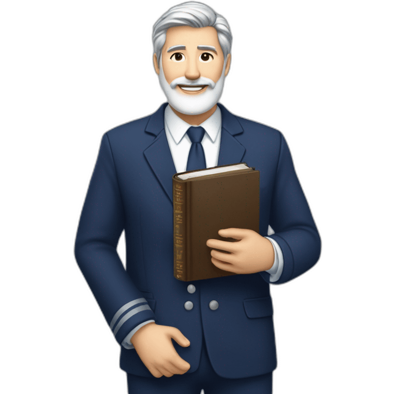 husband classy caucasian 55 dark gray hair trimmed beard wearing navy blue business suit holding bible, with wife asian age 55 dark hair nurse uniform, no children emoji