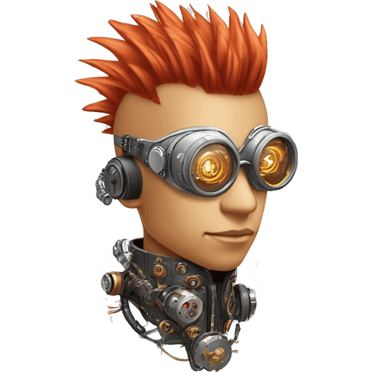 Light red Mohawk hair male cyborg head with white steampunk goggles and circuits emoji