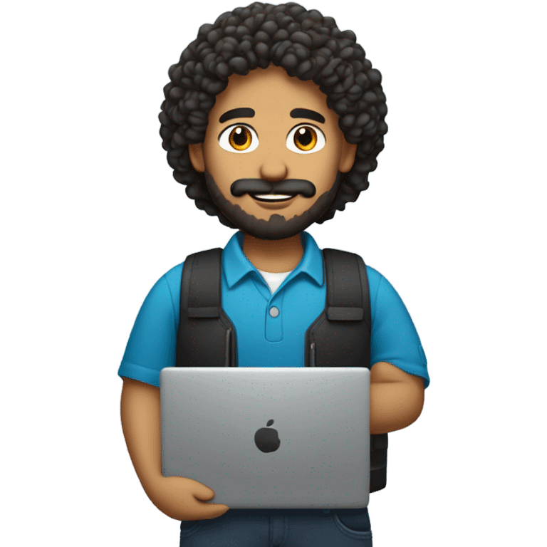 no glasses, Mexican school IT technician with apple laptop and with curly hair and mustache and beard  emoji