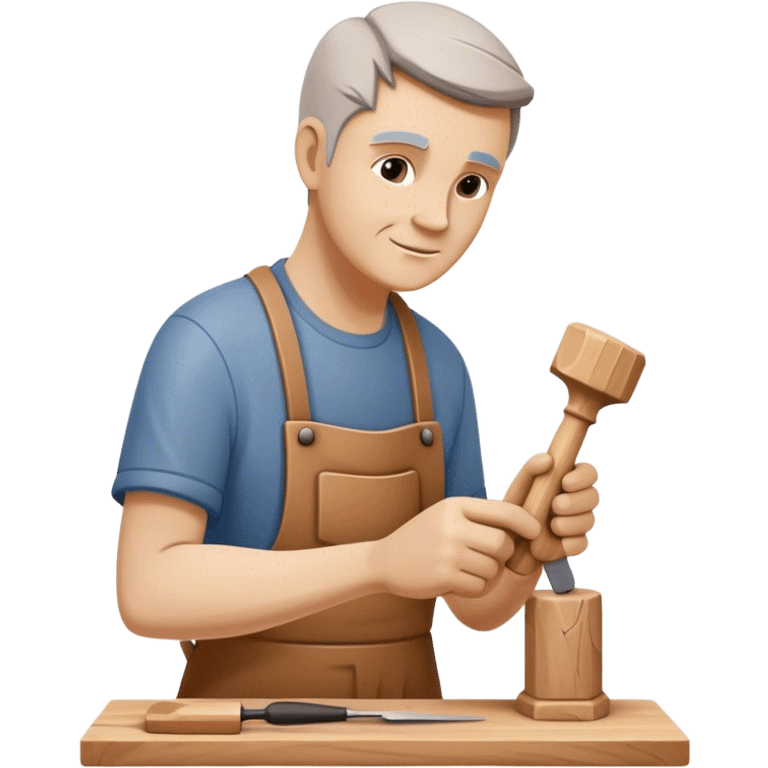 Wood sculptor master carving a wooden sculpture, chisel and mallet in hand, carved wooden figure in progress, natural wood texture, minimalistic style, clean lines, transparent background. emoji