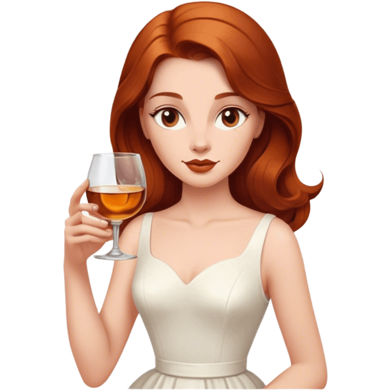 oval face Beautiful woman in 1950’s woman fashion look, no jewelry, white dress, long auburn hair, whisky emoji