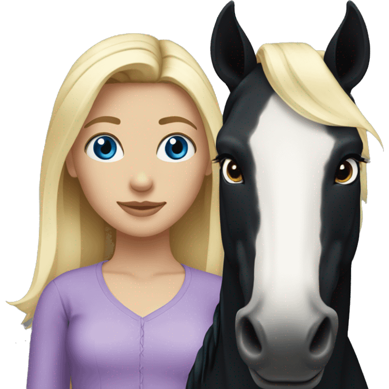 blonde girl with blue eyes and her black horse with black mane emoji