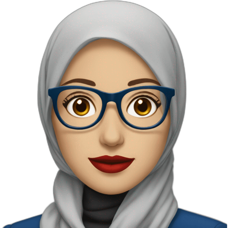 Hijabi white woman with glasses and brown eyes wearing a blue suit and red lipstick emoji