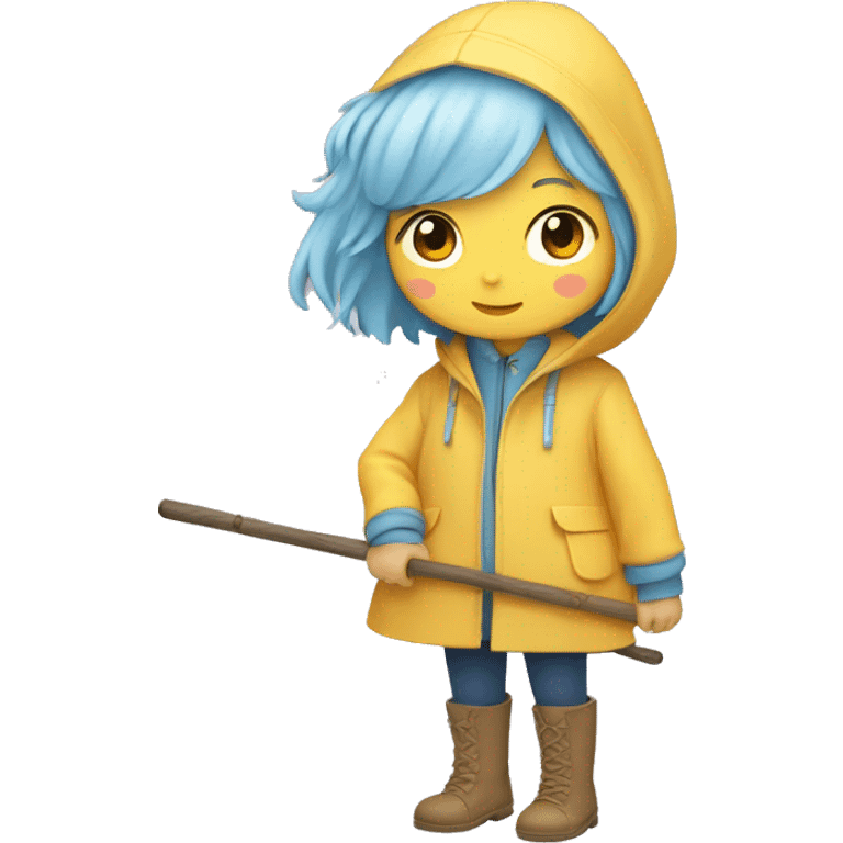 Cute little girl with light short blue hair with peach skin, with yellow raincoat hidden with boots holding a staff, Sanrio design emoji