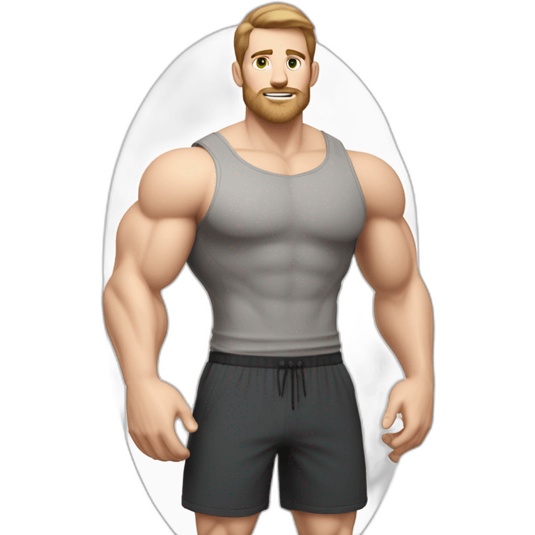 Full height Pale skinned muscular man With Realistic eyes and mouth, light brown hair and stubble In dark gray sleeveless mike, black oversize sports shorts, watch and white sneakers. emoji