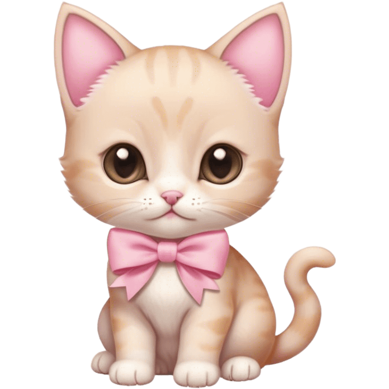 a very small beige kitten with a slightly white muzzle and a large light pink bow on the top of the head, a purebred kitten with a large head emoji