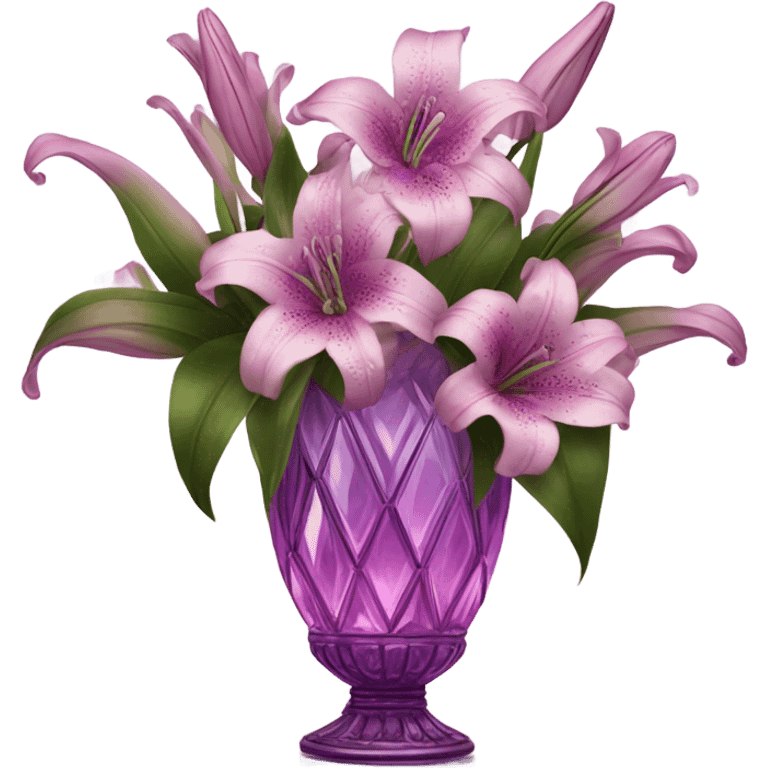 A luxurious bouquet of violet lilies in an ornate Pink crystal vase, placed on an antique wooden table with soft candlelight reflecting off its petals. emoji