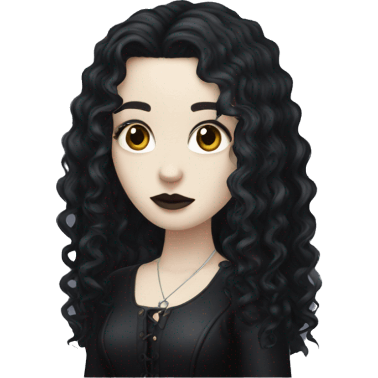 Goth girl with pale skin tone and a long black curly mullet emoji