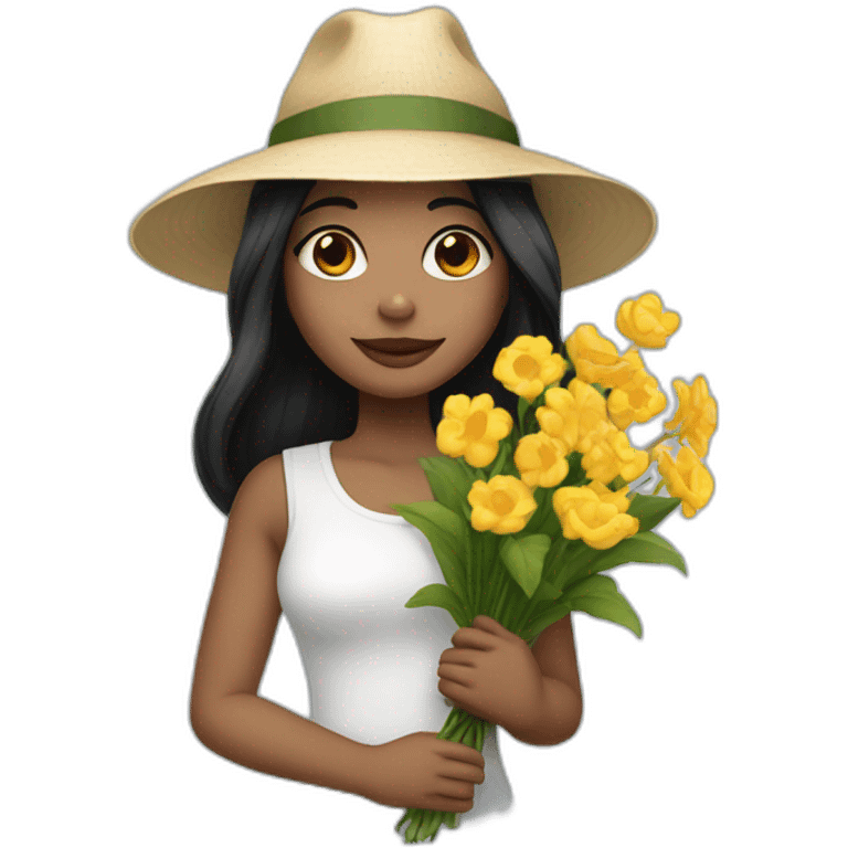 white skin, Girl with a hat, black hair straight to the shoulders, holding a bouquet of flowers emoji