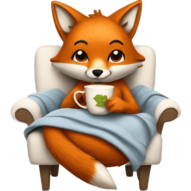 the fox sits in a chair, wrapped in a blanket and drinks tea emoji