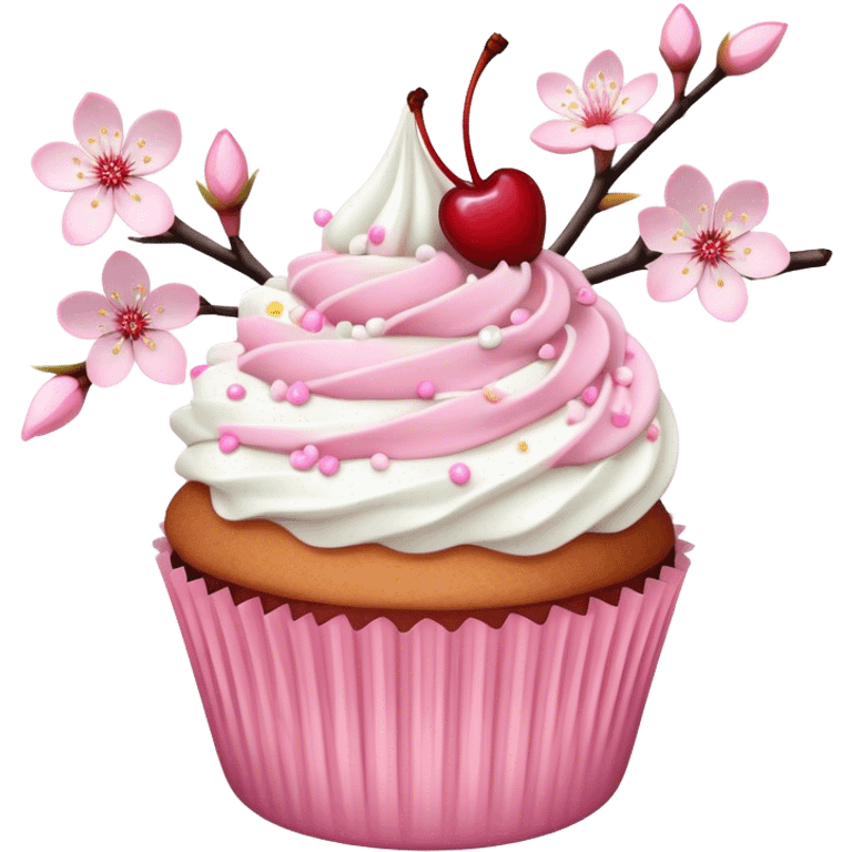 Cupcake with white frosting and pastel pink sprinkles，Cherry blossoms emoji