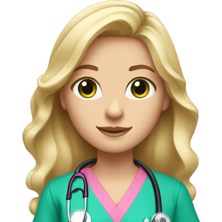 pale blonde girl with long wavy hair and green eyes wearing pink scrubs and stethoscope  emoji