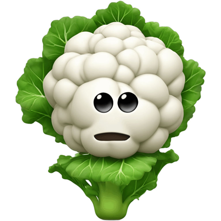 Create a 3D emoji of a cauliflower character with a mysterious face and big shiny eyes 👀. The character is surrounded by a few green leaves 🍃, has leafy hands holding a small mirror 🪞, and is floating in the air without visible legs. Background is white. emoji