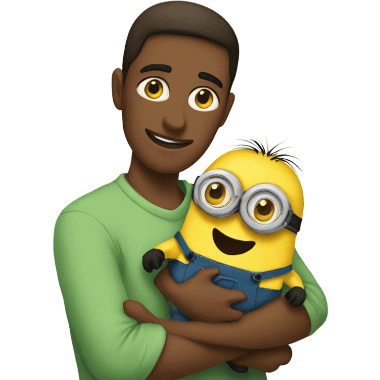 men, brown eyes holding between his arms a minion with green eyes emoji