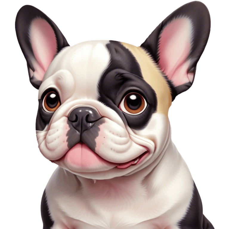 Cinematic Cute Pied French Bulldog Portrait Emoji, Head tilted with a sweet, mischievous grin and large, inviting eyes, featuring a unique pied fur of contrasting colors, simplified yet irresistibly endearing, highly detailed, glowing with a warm, playful radiance, high shine, exuding a quirky charm and affectionate personality, styled with a soft, lighthearted outline, capturing the essence of a cute Pied French Bulldog that looks ready to charm its way into your heart! emoji