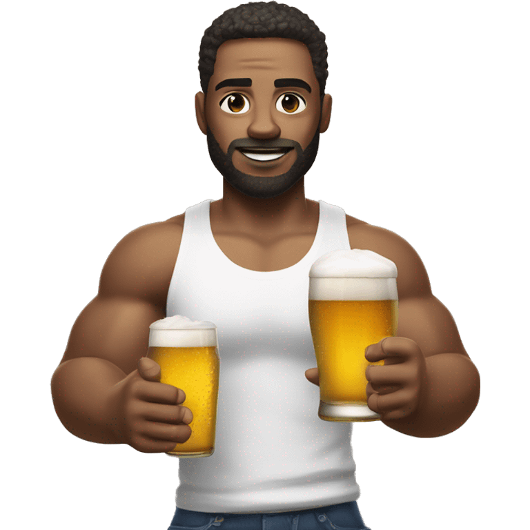 Visibly muscular white man, in tank top, holding a beer in left hand and PlayStation controller in right hand emoji