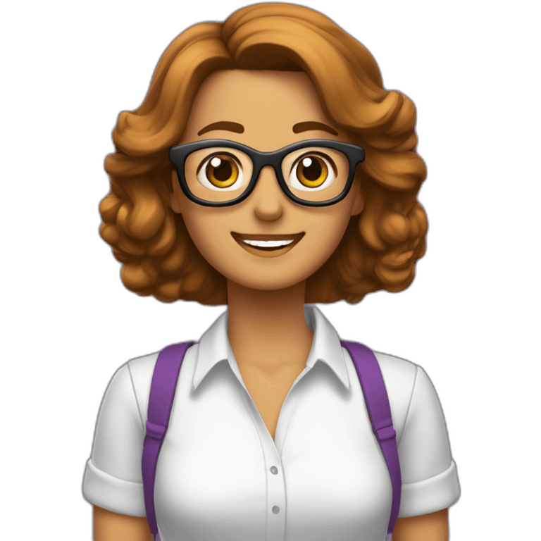 mujer-piel blanca-con gafas-sonriendo-camisa morada-pelo corto hasta el hombro-cabello marron,con un computador,muy detallada emoji