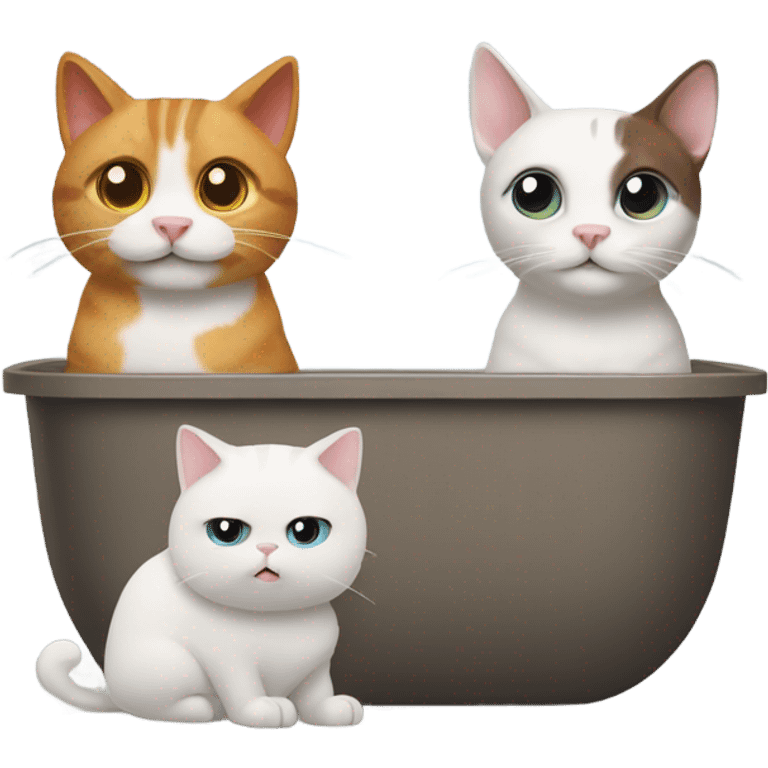 2 cats sharing a litter box under a set of stairs well a dog looks on emoji