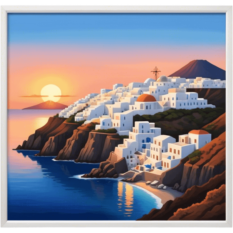 Cinematic Realistic Santorini Caldera Landmark Emoji, featuring white-washed buildings perched on volcanic cliffs, overlooking the deep blue Aegean Sea, with warm sunset hues illuminating the sky and reflecting off the water. emoji