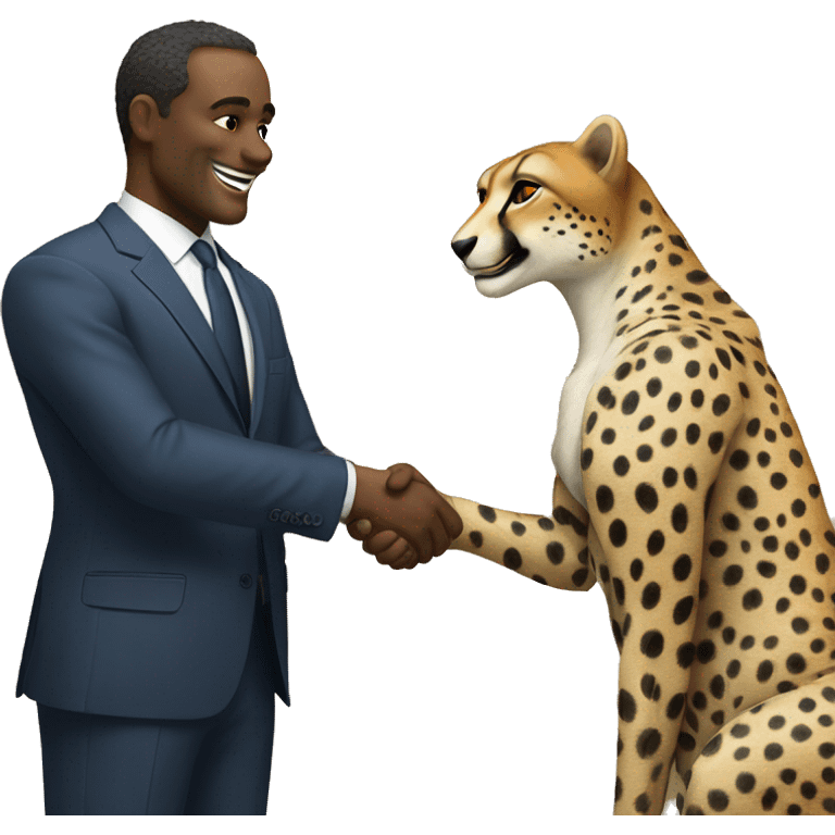 A cheetah in a classic suit shakes hands with a man  emoji