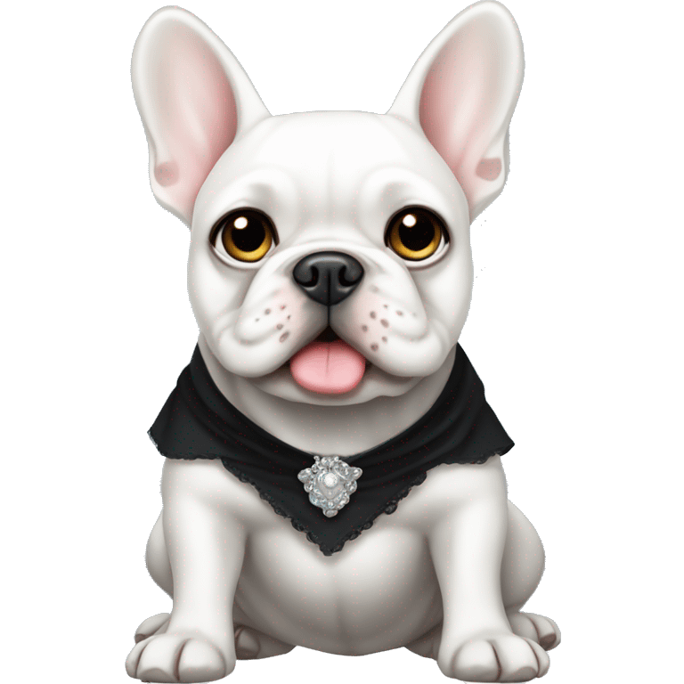 White French bulldog with blue eyes wearing a black dress emoji