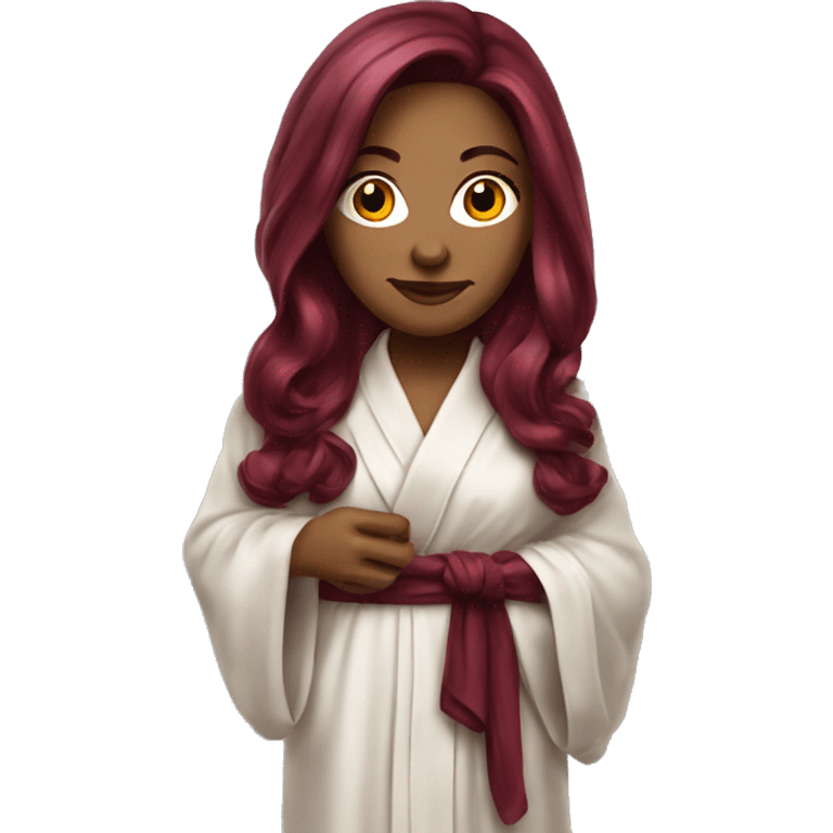 Beautiful tattooed burgundy long haired woman in silk robe emoji