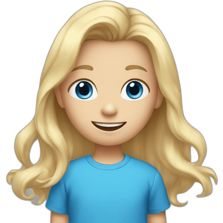 A child with blonde hair, blue eyes and a blue t-shirt and with cute little teeth emoji