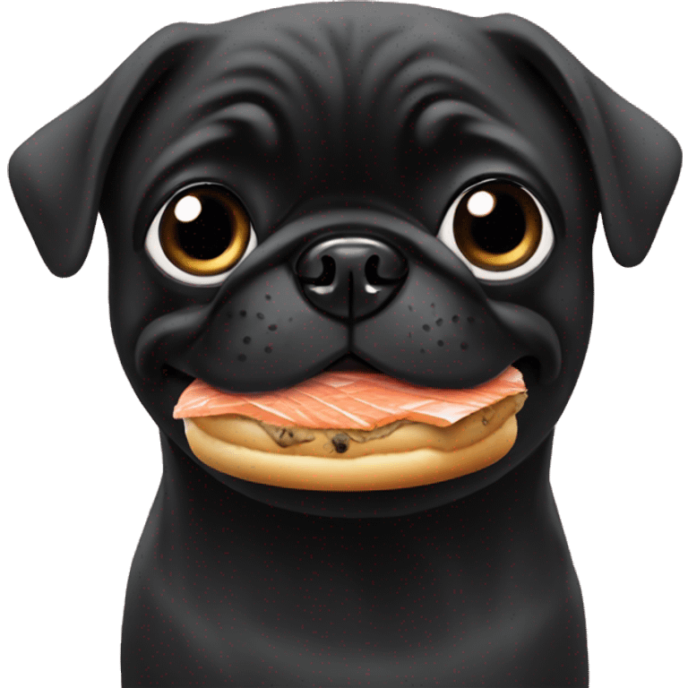 Black pug eating a bagel with salmon  emoji