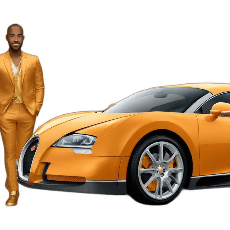 Andrew tate standing in front of a Orange-gold Bugatti  emoji