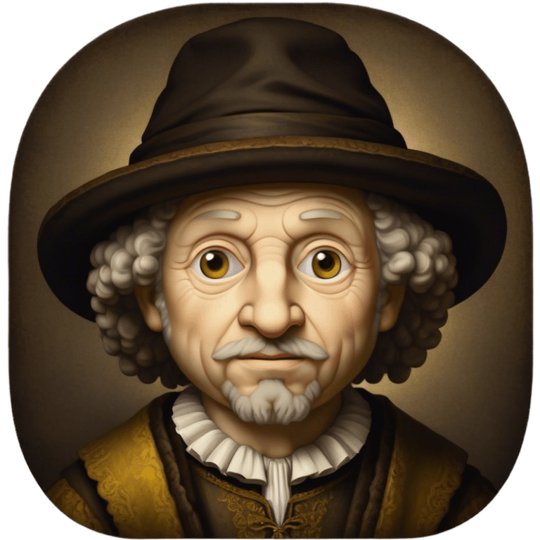 Cinematic Realistic Rembrandt Portrait Emoji, depicted as a master painter with deep reflective eyes and dramatic chiaroscuro, rendered with intricate textures and moody historic lighting that captures his timeless artistry. emoji