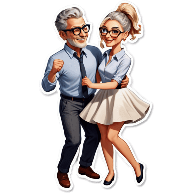 Hyper Realistic Couple in love,  dancing lady blonde wearing glasses man grey hair clean shaven
 emoji