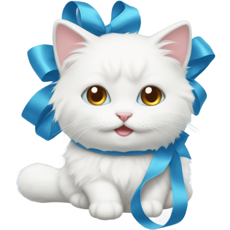 Thick fur white cat cute with soft blue ribbon on her head emoji