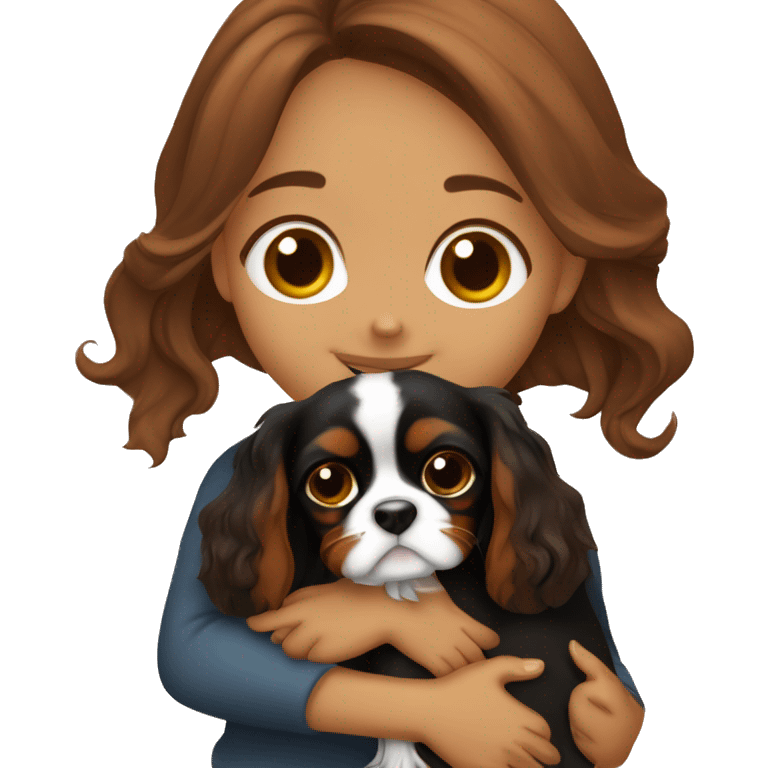 cute girl hugging two black and brown cavalier king charles spaniel  emoji