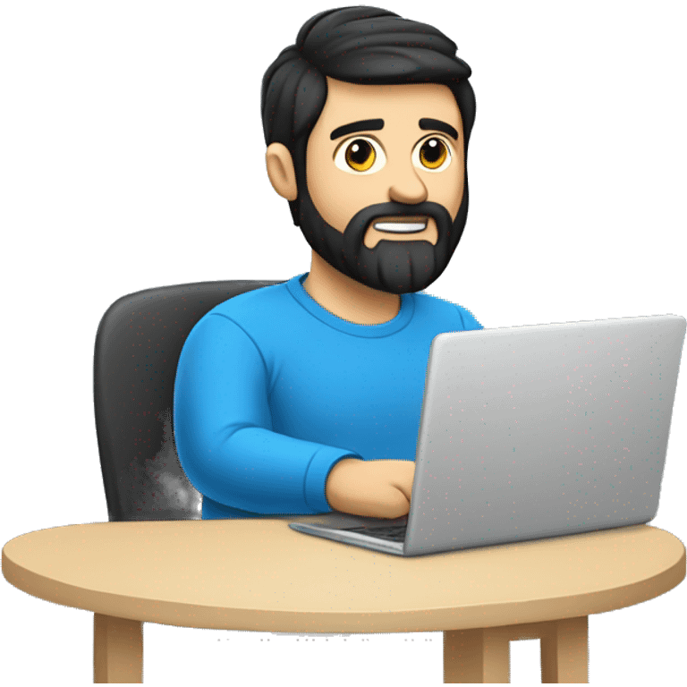 white guy with beard black hair big nose thin face typing in laptop wearing blue t-shirt, saying Hi emoji