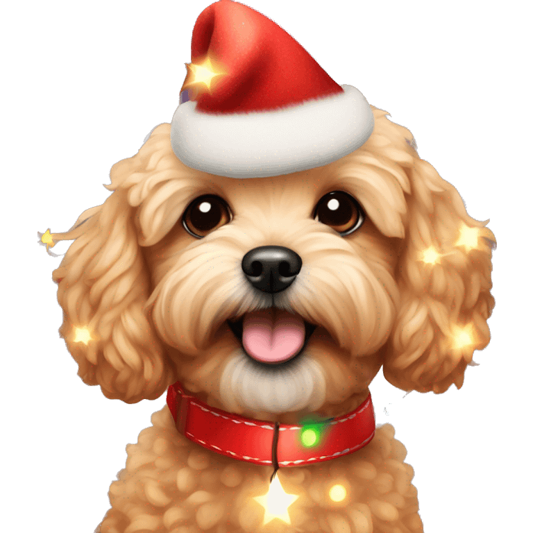 Red maltipoo with Christmas lights decorated around its neck emoji