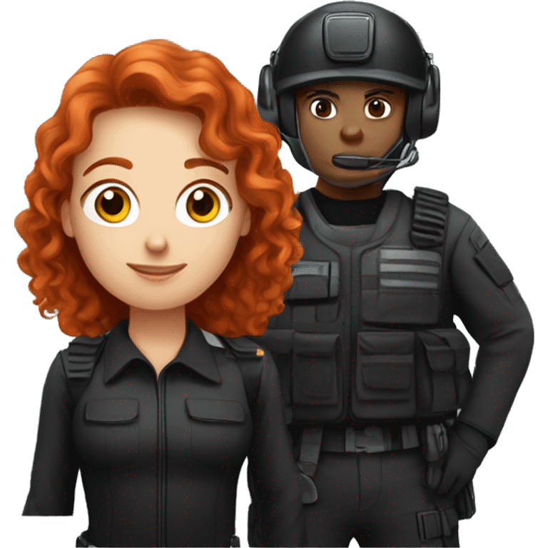 operator dressed in black with a milatary helmet, without glasses, wearing a headset, ready to respond to alerts, preferably curly redhead female  emoji