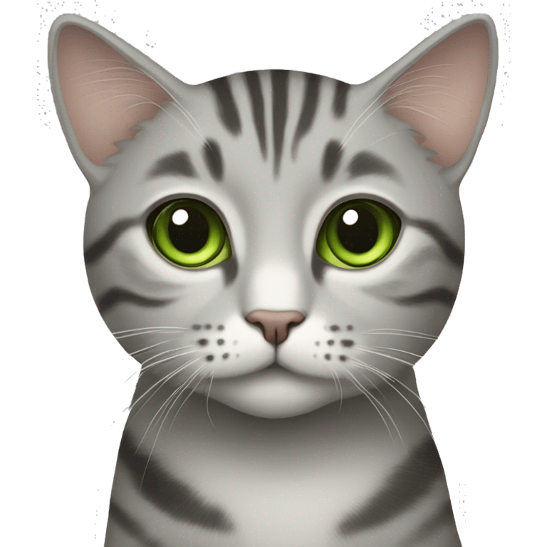 A light grey cat with darker tabby stripes, green eyes emoji