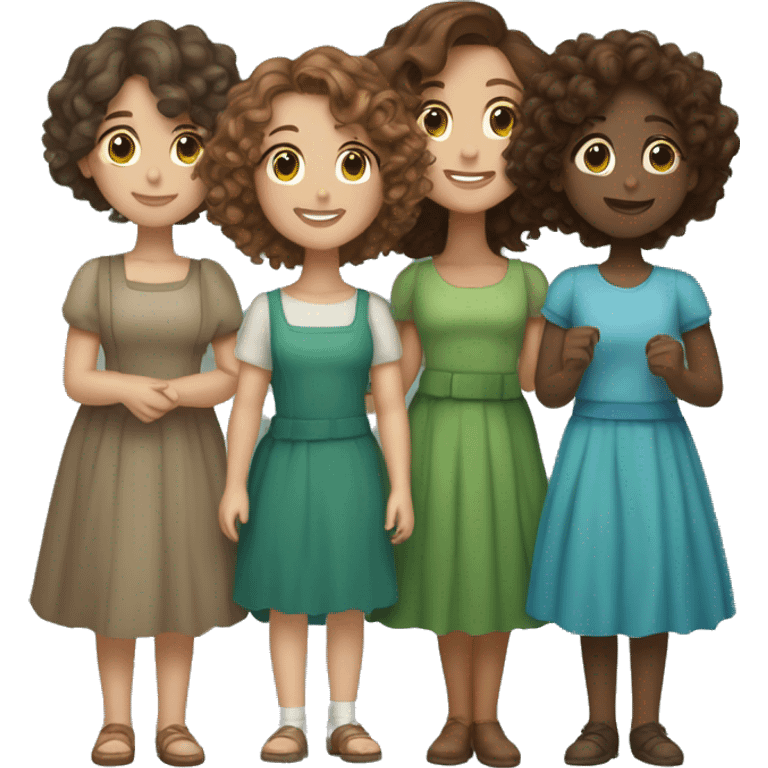 3 girls holding hands, one short with brown curly hair and a dress, one medium height with brown wavy hair and green skirt and top, one medium height with brown wavy hair with a blue dress emoji