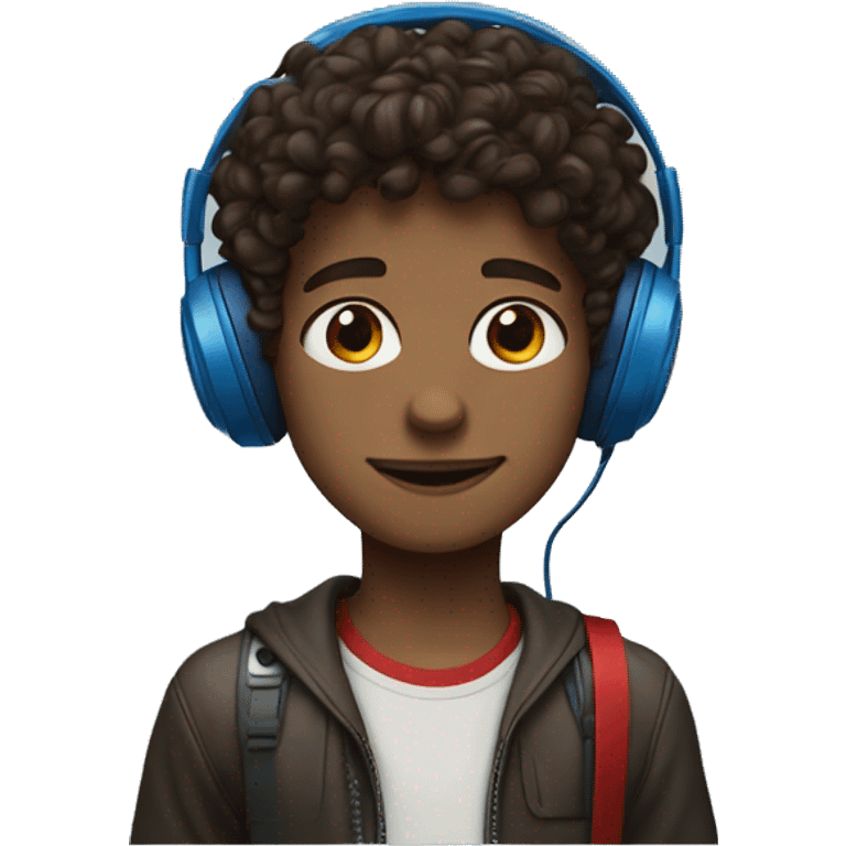 a young boy with headphones red and blue an dark brown curly hair and brown eyes and an small hoop eaing emoji