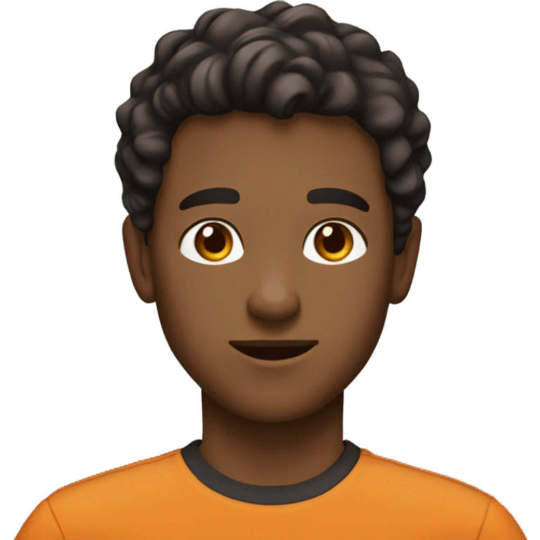 young man with dark brown eyes and dark brown hair wavy. orange shirt emoji