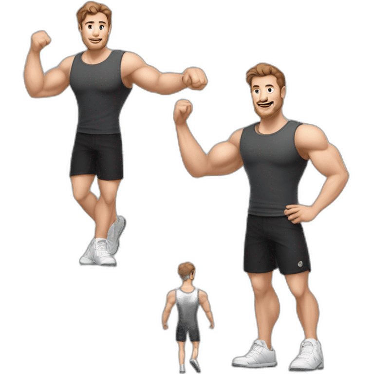 Full height realistic Actively gesturing with hands Pale skinned Fit Man With the biceps and brown hair in dark gray Sleeveless Mike, black oversize sports shorts, watch and white Sneakers emoji