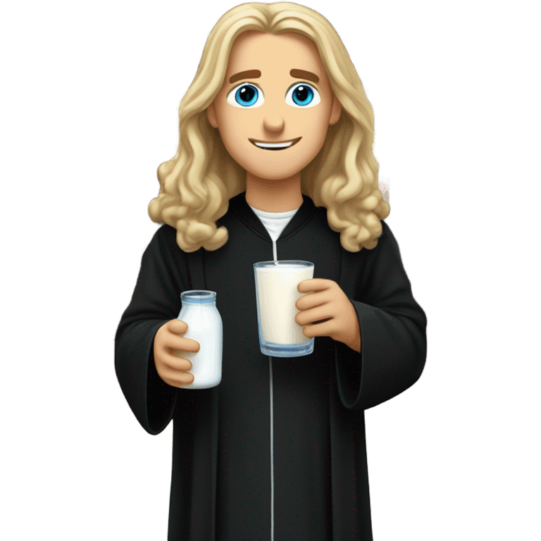 Young long haired blonde priest with blue eyes and black robes drinking milk emoji