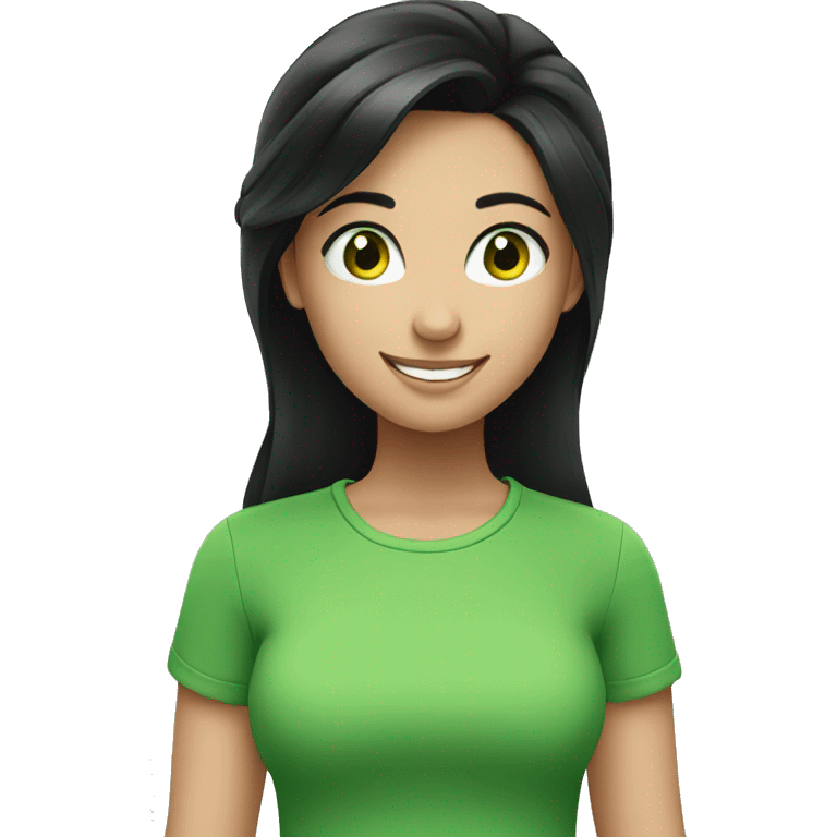 smiling girl in green shirt with black hair and green eyes  emoji