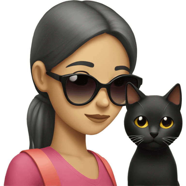 Girl in sunglasses looking at black cat emoji