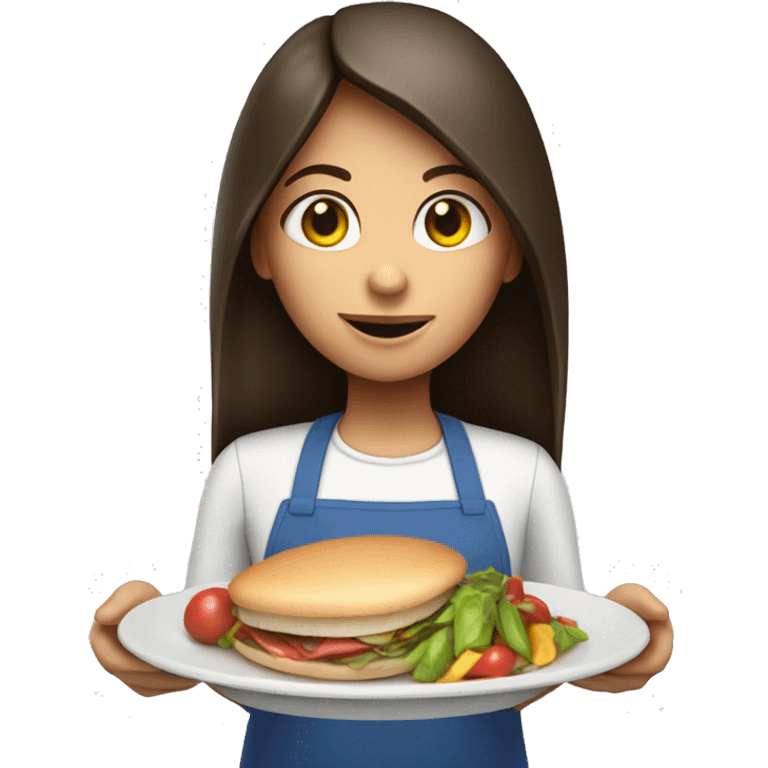 Brunette long straight hair girl holding food plate in a cook hat emoji