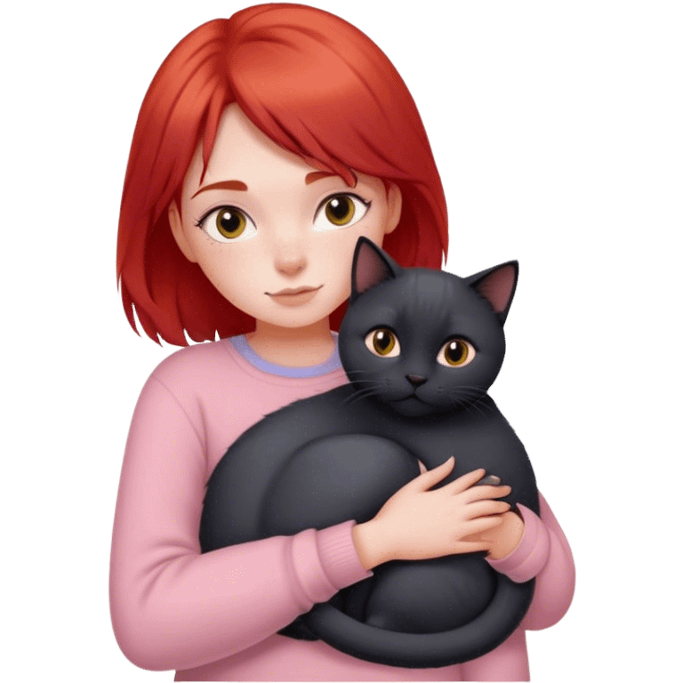 
a girl with red hair in pastel clothes hugs a black British cat emoji